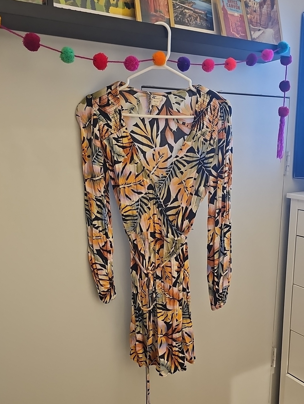 Billabong Tropical Leaf Wrap Dress in Peach, Black & Green